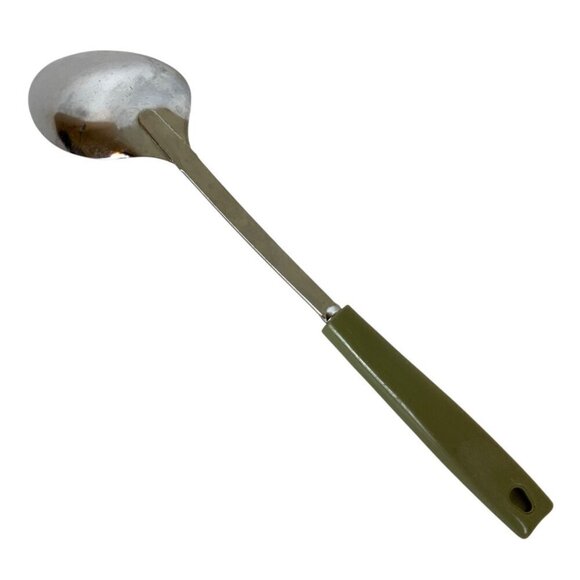 Vintage Ekco USA Solid Cooking Spoon Chromium Plated Avocado Green Handle - Picture 3 of 4